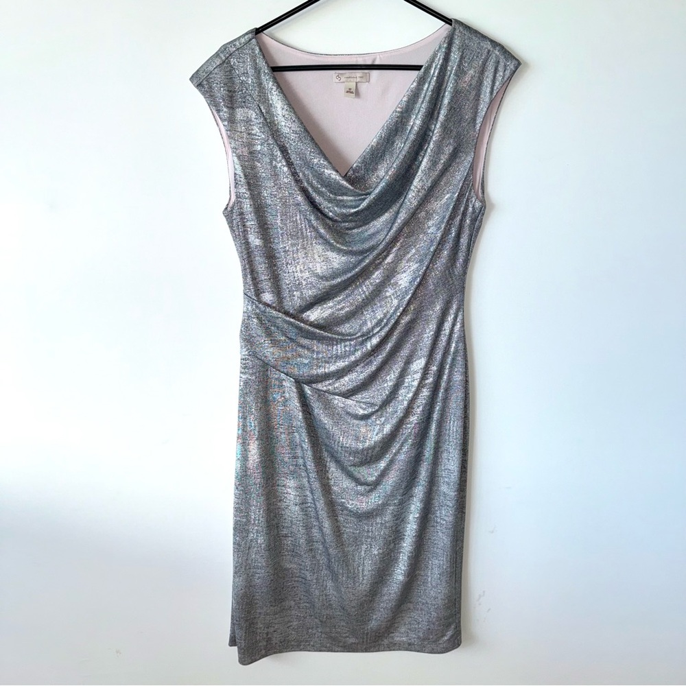 Dress Barn Elegant Shimmery‎ Silver Draped Sleeveless Sexy Evening Dress Size 12